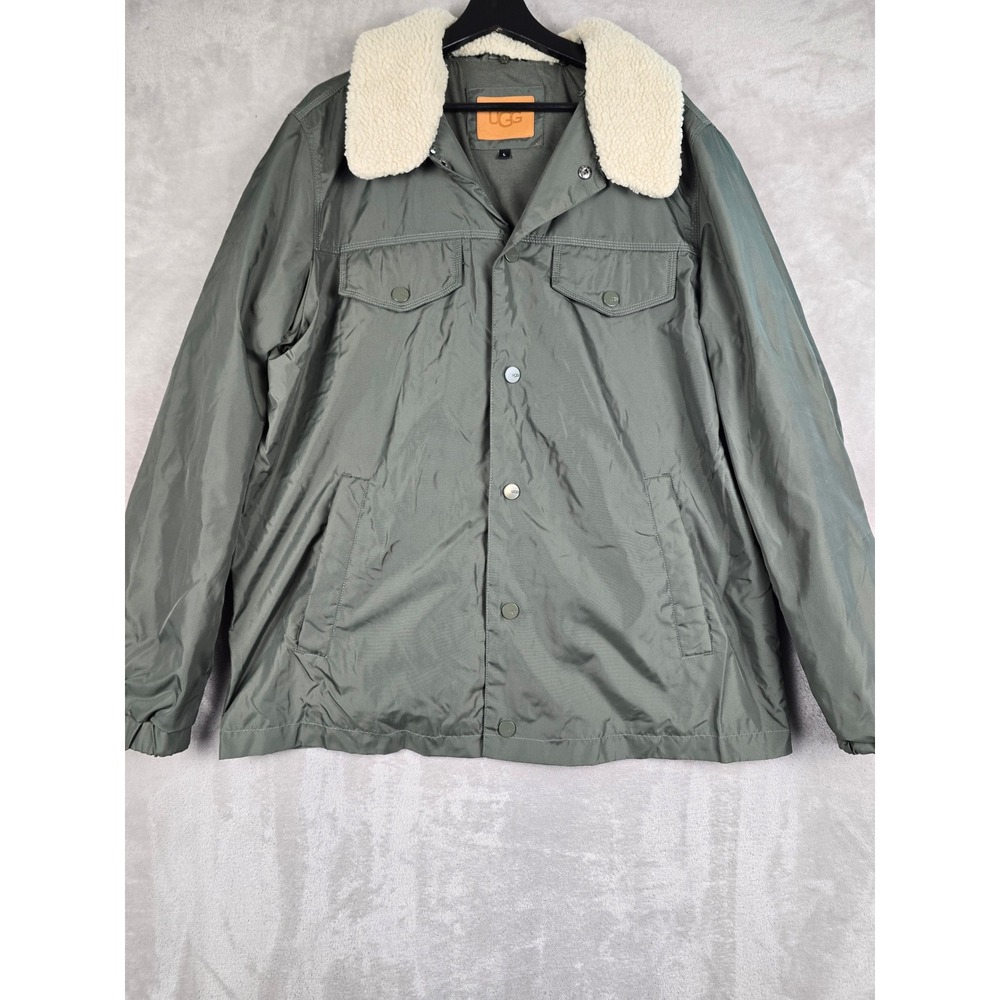 UGG Keagan Nylon Trucker Jacket Mens L Green Sherpa Collar Snap Front 1102218